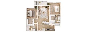 A top-down view of a bathroom layout with a toilet, sink, bathtub, and shower.