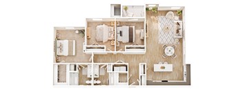 A top-down view of a well-organized, modern kitchen and living room.