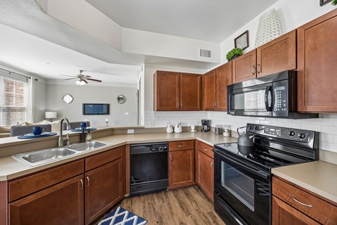 A kitchen with black appliances and wooden cabinets.