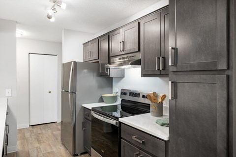 A modern kitchen with dark wood cabinets and stainless steel appliances.