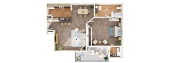 A top-down view of a living room, kitchen, and dining area.