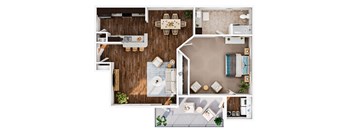 A top-down view of a house layout with a kitchen, living room, and bathroom.