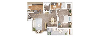 A top-down view of a living room, dining area, kitchen, and bathroom.