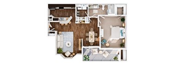 A top-down view of a living room, kitchen, dining area, and bedroom.