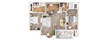 A top-down view of a house layout with a living room, dining room, kitchen, and bedrooms.