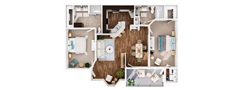 A top-down view of a well-organized apartment with a kitchen, living room, dining area, and bathroom.