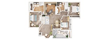 A top-down view of a house layout with a kitchen, living room, dining room, and bathrooms.