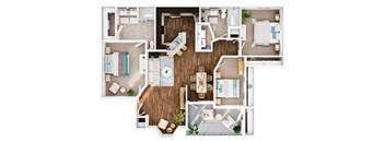 A top-down view of a house layout with a kitchen, living room, dining room, and bedrooms.