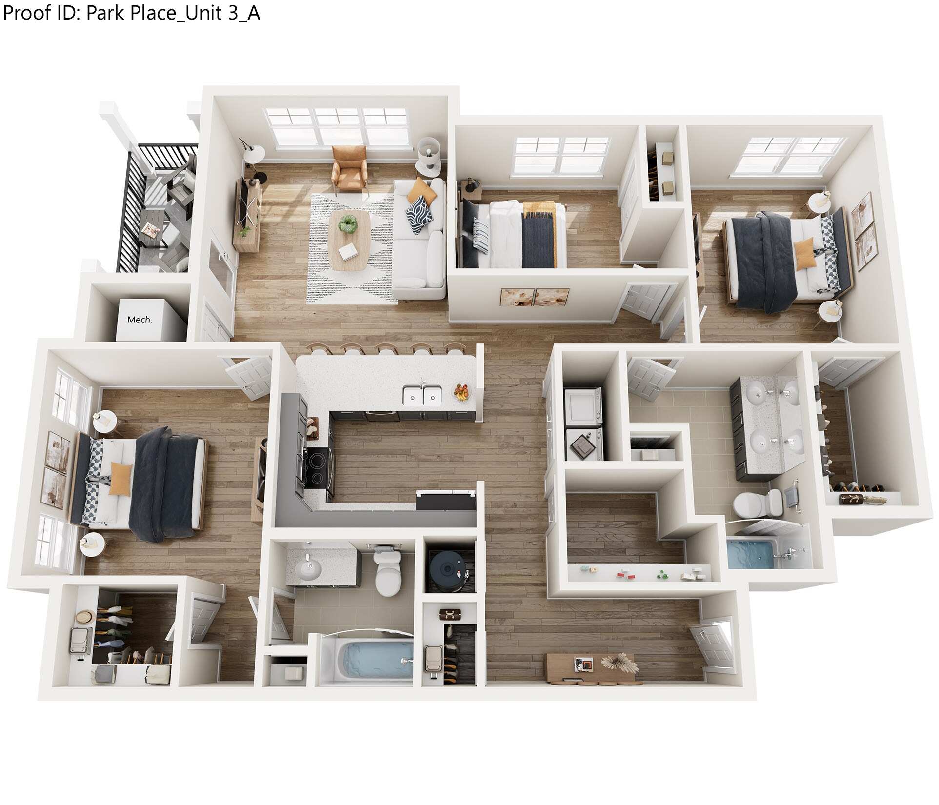 A 3D floor plan of a park place unit 3A.