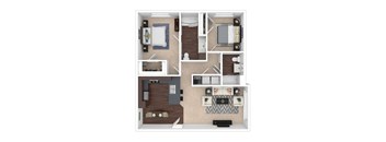 A top-down view of a small apartment layout with a kitchen, living room, and bedroom.