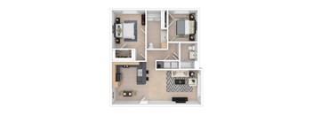 A top-down view of a small apartment layout with a kitchen, living room, and bedroom.