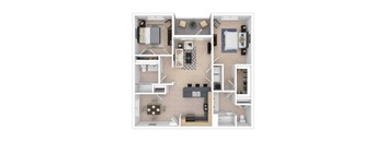 A top-down view of a small apartment layout with a kitchen, living room, and bedroom.