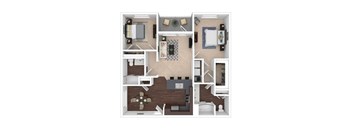 A top-down view of a small apartment layout with a kitchen, living room, and bedroom.