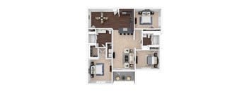 A top-down view of a small apartment layout with a kitchen, living room, and two bedrooms.