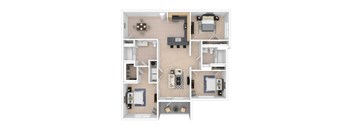 A 3D floor plan of a small apartment with a kitchen, living room, and bedroom.
