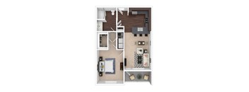 A top down view of a small apartment with a bedroom, living room, and kitchen.