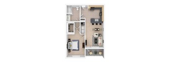 A floor plan of a small apartment with a kitchen, living room, and bathroom.