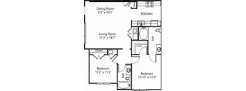 A floor plan of a small apartment with a living room, dining room, kitchen, and two bedrooms.