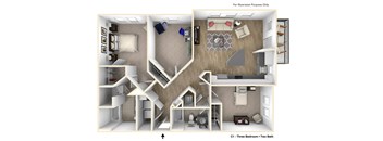 A 3D floor plan of a three bedroom apartment with two bathrooms.