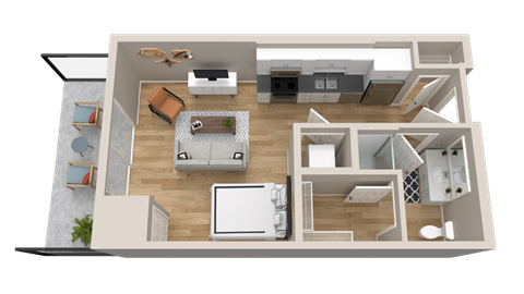 Vintage on Selby | Cary with Patio| Studio Apartment 3D Floorplan