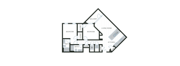 A floor plan of a house with two bedrooms, two bathrooms, a living room, a kitchen, and a garage.