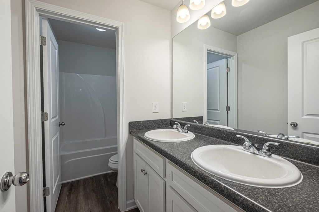a bathroom with two sinks and a mirror and a shower