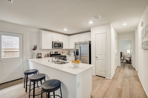 Spacious L-Shaped Kitchen with white cabinetry, next to the backyard door
