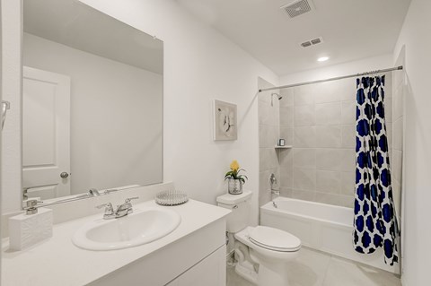 Bathroom with white cabinets, garden tub, a sizable mirror, and an attached walk-in closet, providing a functional and well-organized personal space