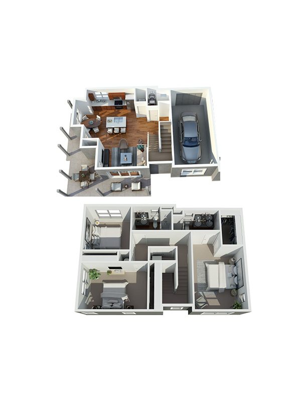 A top and bottom floor plan of a house with a car parked in the garage.