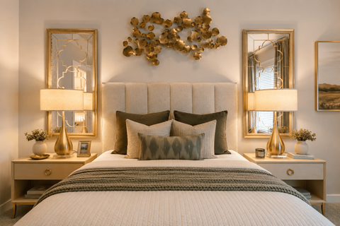 A bedroom with a large bed, two lamps, and a mirror.
