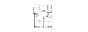 A floor plan of an apartment with a living room, kitchen, and two bedrooms.
