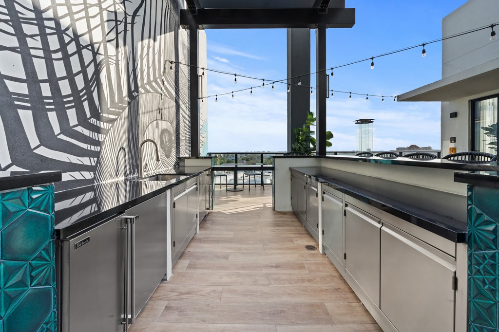 A modern kitchen with a spider web design on the wall.