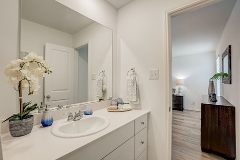 Private bathroom with a large mirror and white cabinets seamlessly connecting to a bedroom, both adorned with hardwood floors
