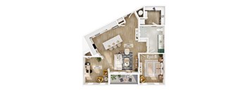 A floor plan of a house with a living room, study, and bedroom.