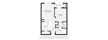 A floor plan of a home with a living/dining room, kitchen, bath, bedroom, and storage.