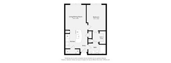 A floor plan of a small apartment with a living room, kitchen, bathroom and bedroom.