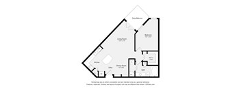 A floor plan of a home with a living room, dining room, kitchen, bedroom, bathroom and entry.