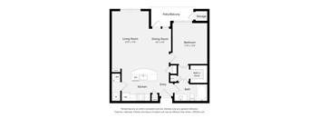A floor plan of a house with a living room, dining room, kitchen, bath, bedroom, and storage.