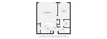 A floor plan of a house with a living/dining room, kitchen, bath, and bedroom.