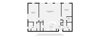 A floor plan of a small apartment with two bedrooms, a bathroom, a kitchen, and a living/dining room.