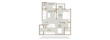 A floor plan of a house with a living room, dining room, kitchen, and two bathrooms.