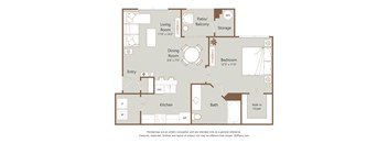 A floor plan of a house with a living room, dining room, kitchen, bathroom, bedroom, and storage area.