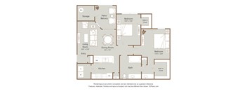 A floor plan of a house with a living room, dining room, kitchen, two bedrooms, a bathroom, a patio/balcony, and storage.