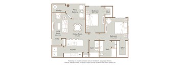 A floor plan of a house with two bedrooms, a living room, a dining room, a kitchen, a patio, and storage.
