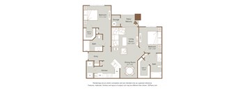 A floor plan of a house with a living room, dining room, kitchen, and two bathrooms.