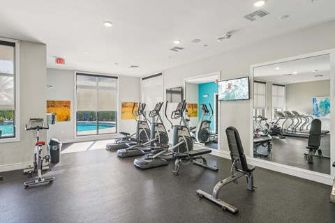 A gym with a variety of equipment including treadmills, stationary bikes, and weight machines.