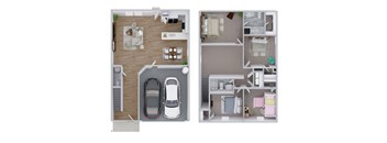 a stylized floor plan of a house with a car in the garage