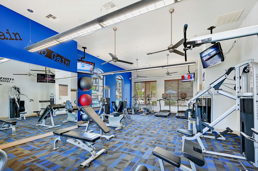 a gym with weights and cardio equipment and a tv