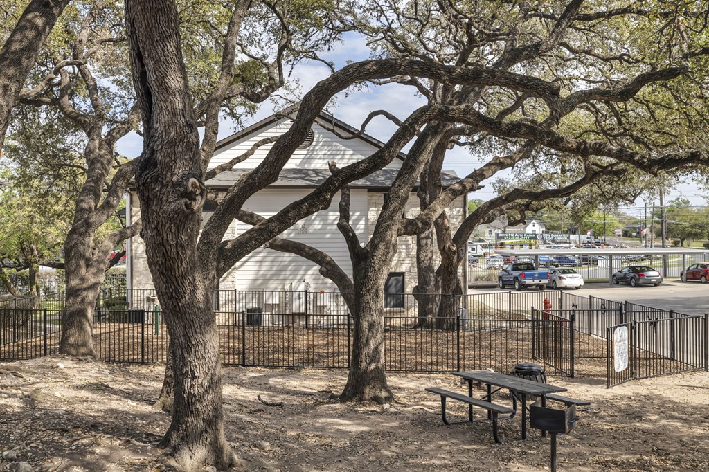 a picnic table in a park with trees and a house in the background