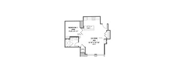 A floor plan of a home with a bedroom, living room, and bathroom.